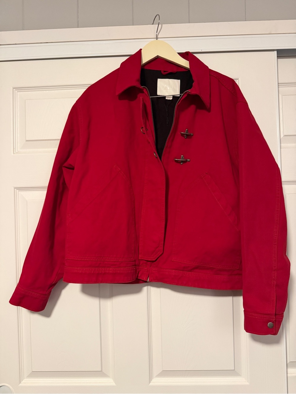 Zara Red Denim Fireman Clasp Jacket Men’s Utility Gorpcore Workwear